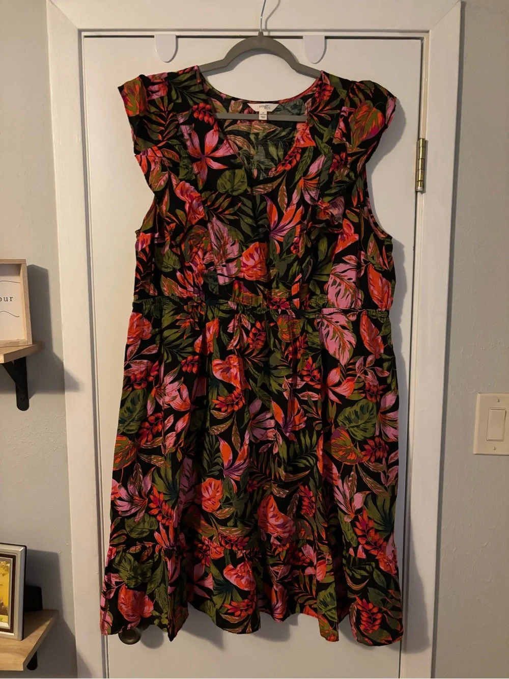 Terra & Sky Black Midi Dress with Pink & Green Tropical Print - Picture 1 of 4